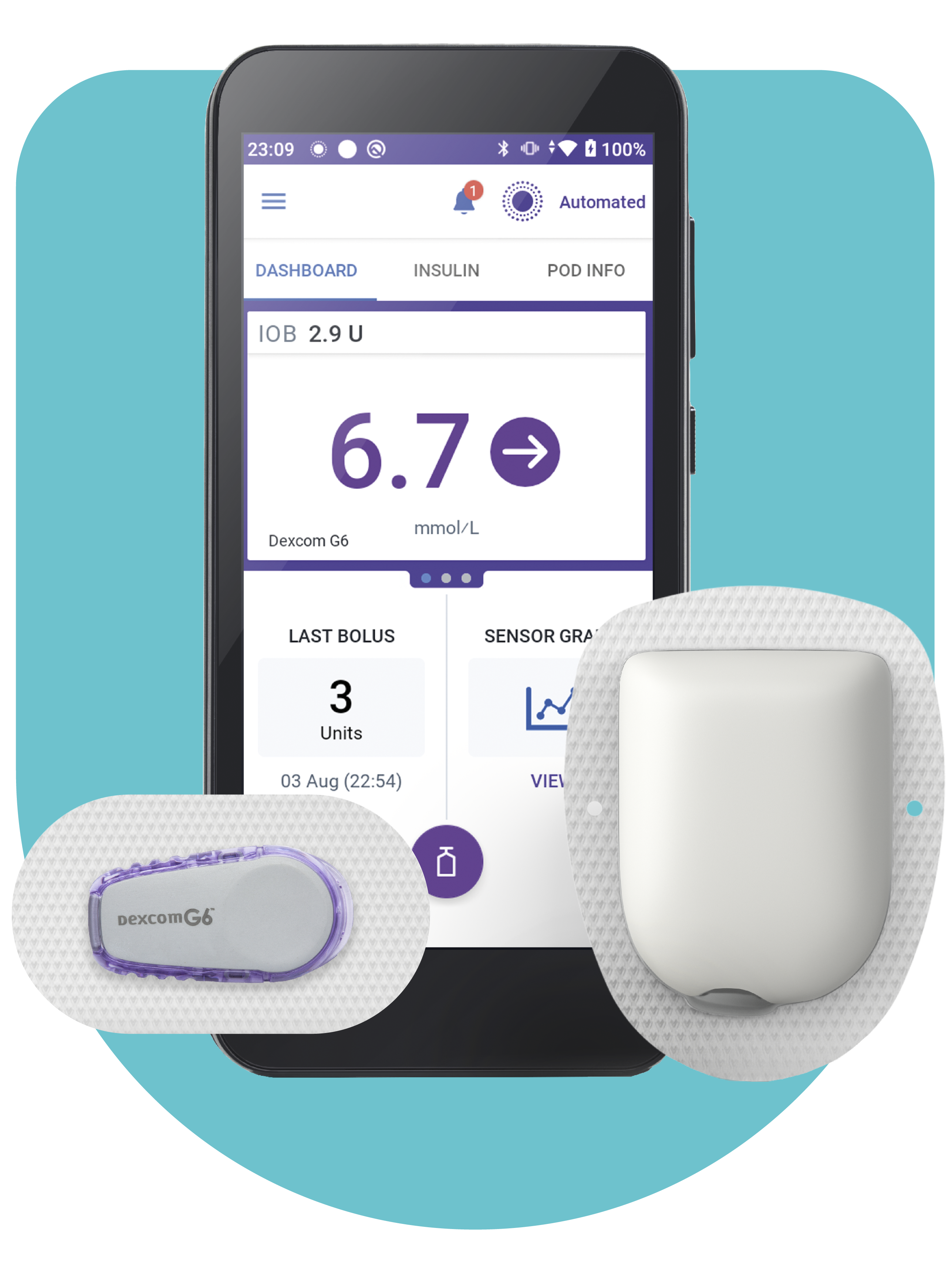 Omnipod 5 Controller with Pod and sensor