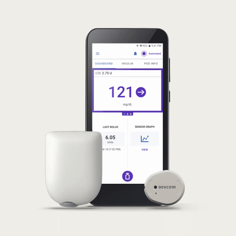 GIF image of Omnipod 5 with Pod and Dexcom G7 and FreeStyle Libre 2 Plus rotating in and out of frame