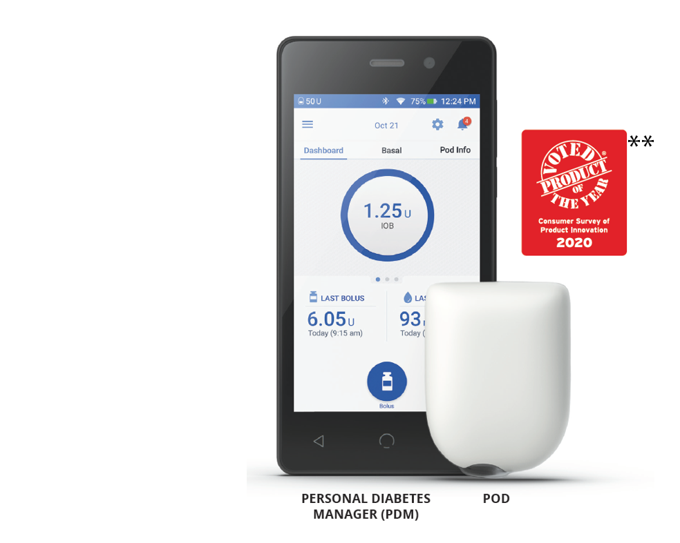 Omnipod DASH System - PDM and Pod with 2020 Product of the Year logo