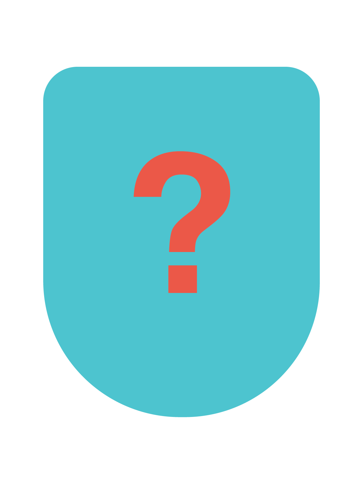 Product roadmap step 3 (red question mark on top of a pod shaped teal coloured background)