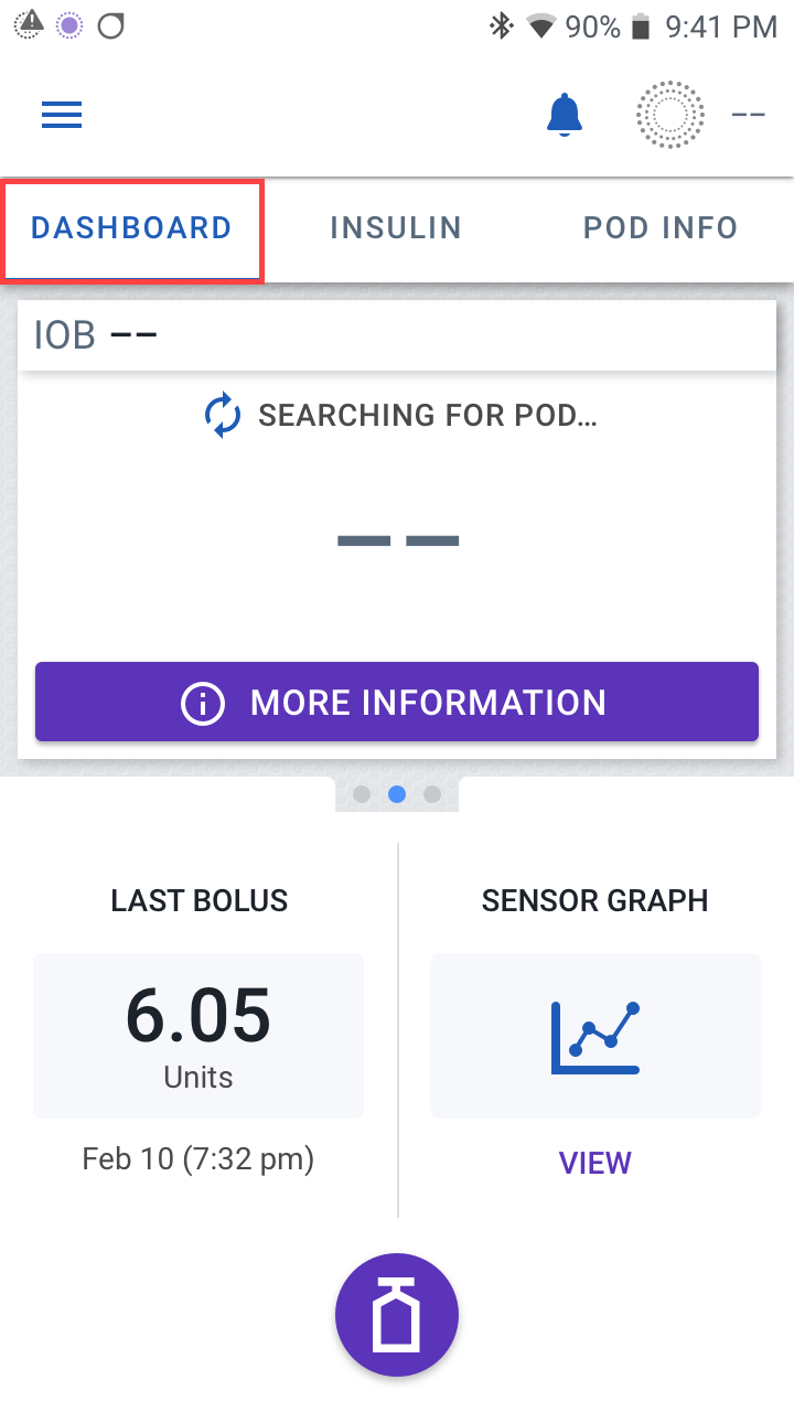 Omnipod 5 Searching for Pod Dashboard
