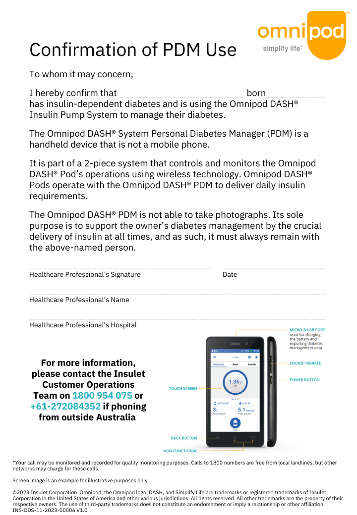 Travel Confirmation of PDM Use Omnipod Australia