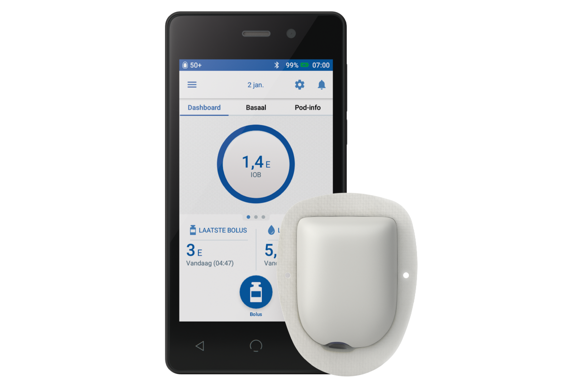 Omnipod DASH with Pod that has adhesive on the right PDM in Dutch language