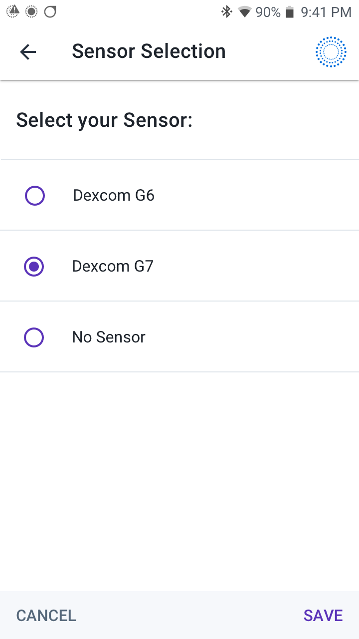 Omnipod 5 Sensor Selection option showing Dexcom G7 as the selected sensor