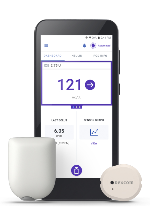 Omnipod 5 Pod left and Dexcom G7 sensor right