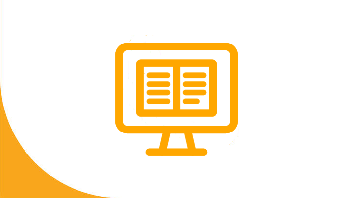 Icon with orange computer monitor with orange book icon in the middle