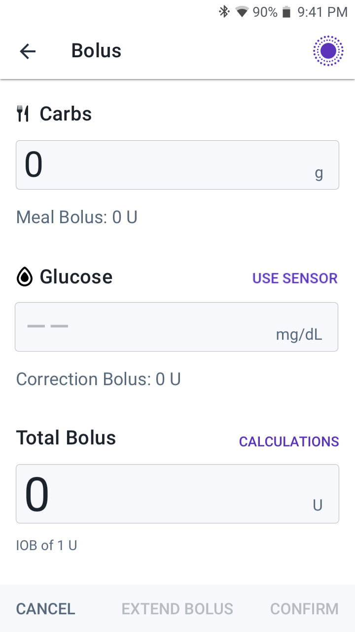 Omnipod DASH Bolus Calculator - Use Sensor - screen