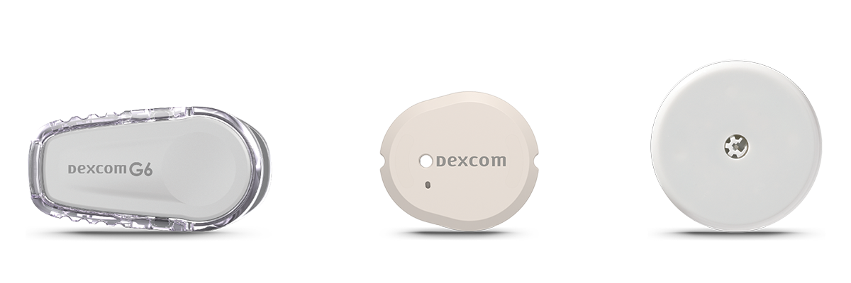 Three CGM/sensors side by side: Dexcom G6, G7, and FreeStyle Libre 2 Plus on a transparent background