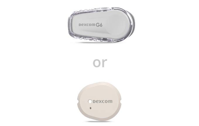 Sensors Dexcom G6 and G7 stacked vertically with the word "or" in between