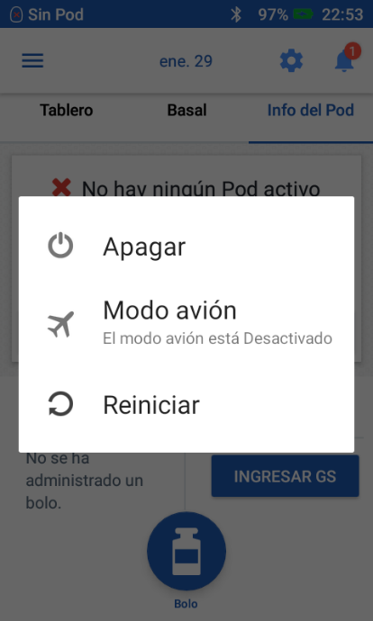 Omnipod DASH Airplane Mode screen in Spanish