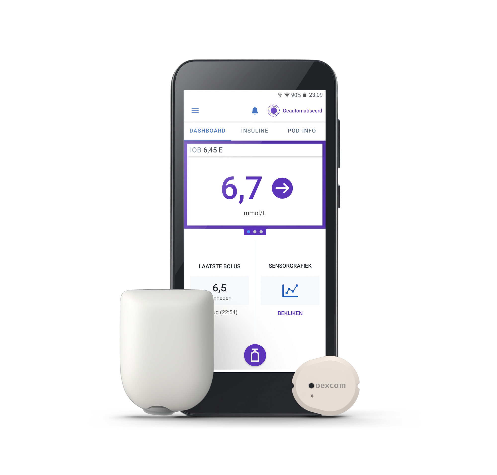 Omnipod 5 with Pod (no adhesive) on the left and Dexcom G7 on the right in MMOL in Dutch