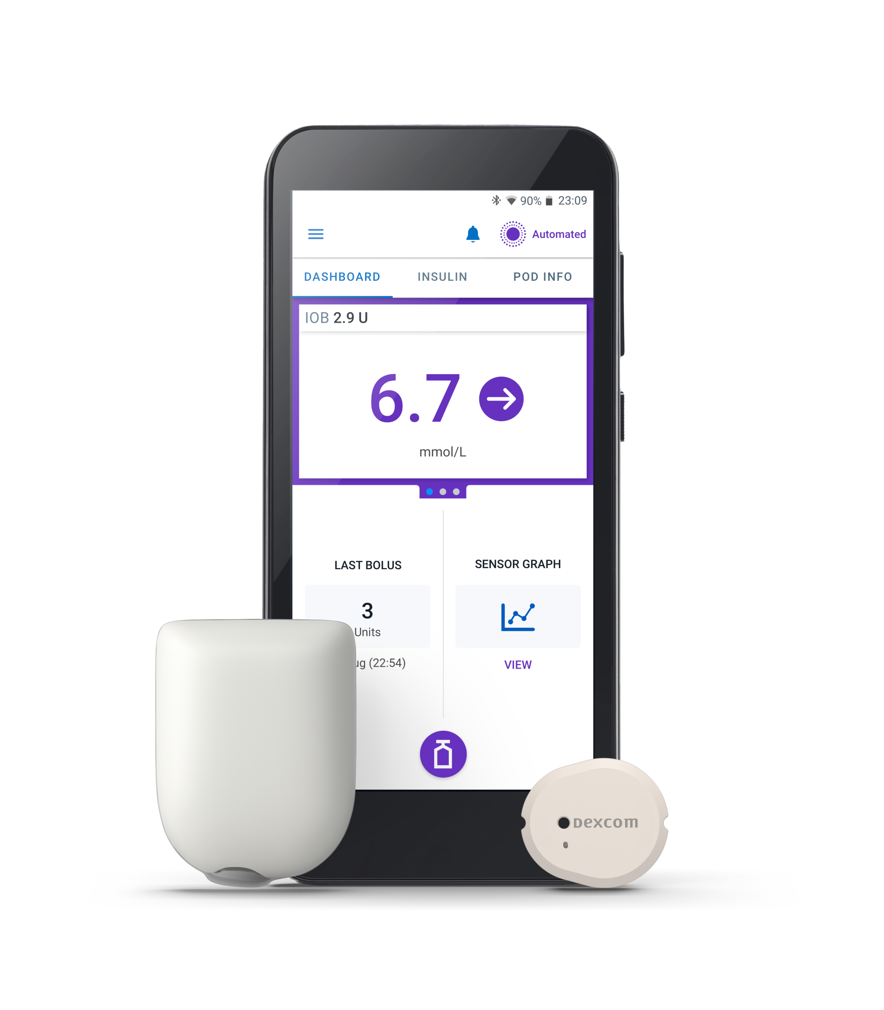 Omnipod 5 and Pod to the left and Dexcom G7 to the right in MMOL in English