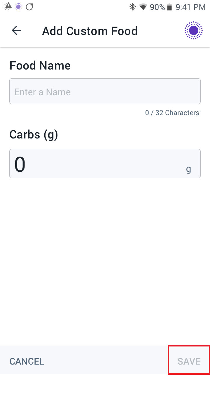 Custom Foods screen with adding a custom meal