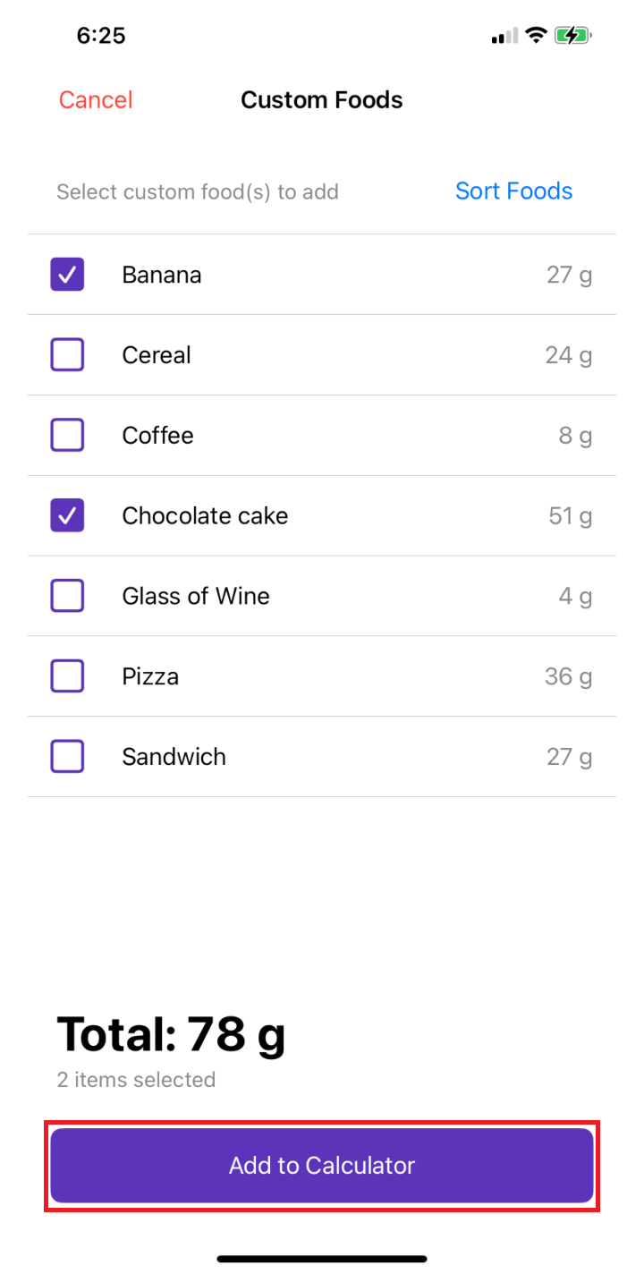 Custom Foods for iOS: Add to Calculator button