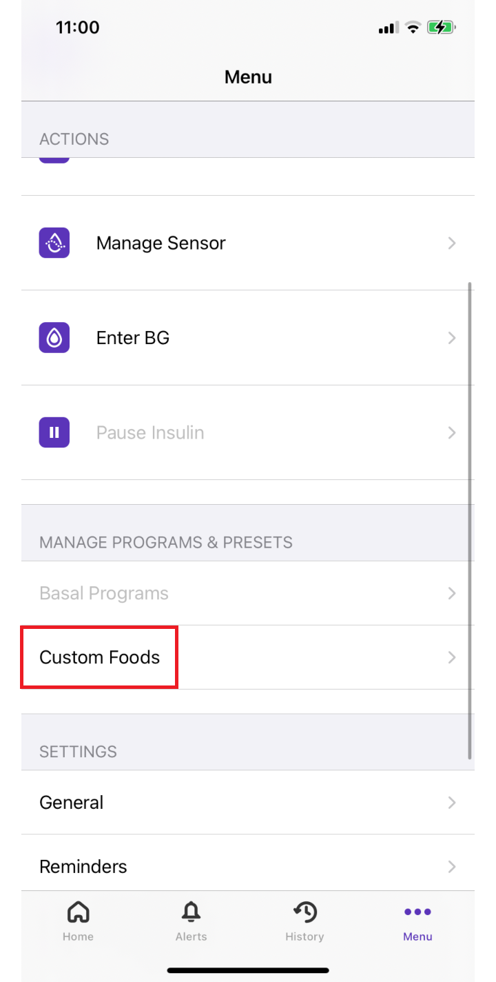 Custom Foods for iOS: tap the Custom Foods text