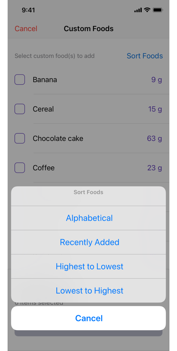 Custom Foods for iOS: Sort Foods option
