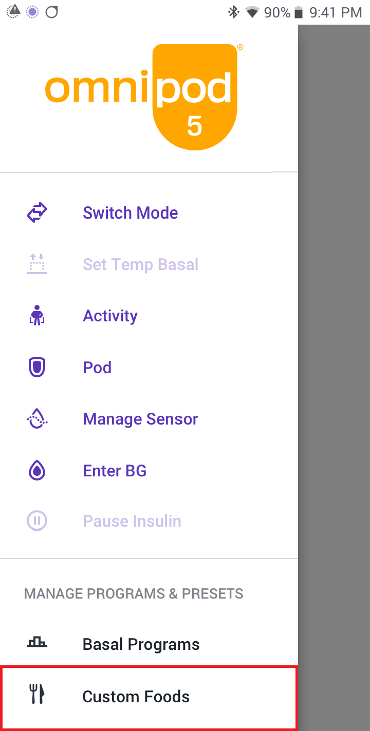 Custom Foods screen with menu expanded in English