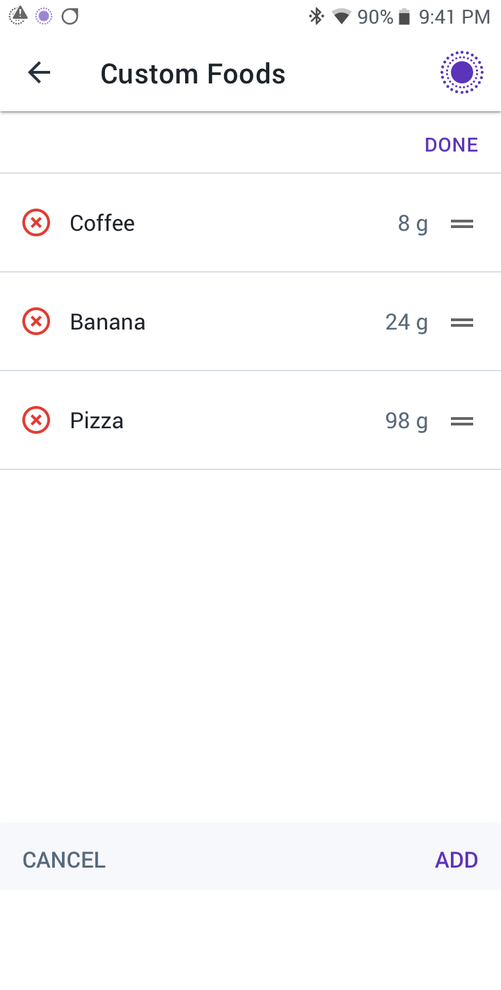 Custom Foods screen with My Foods Edit