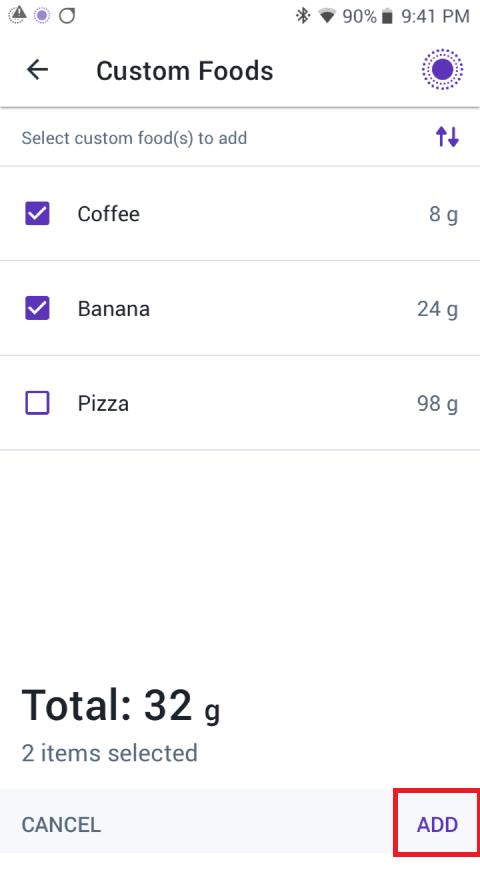 Custom Foods: my foods selected and red outline around the Add button