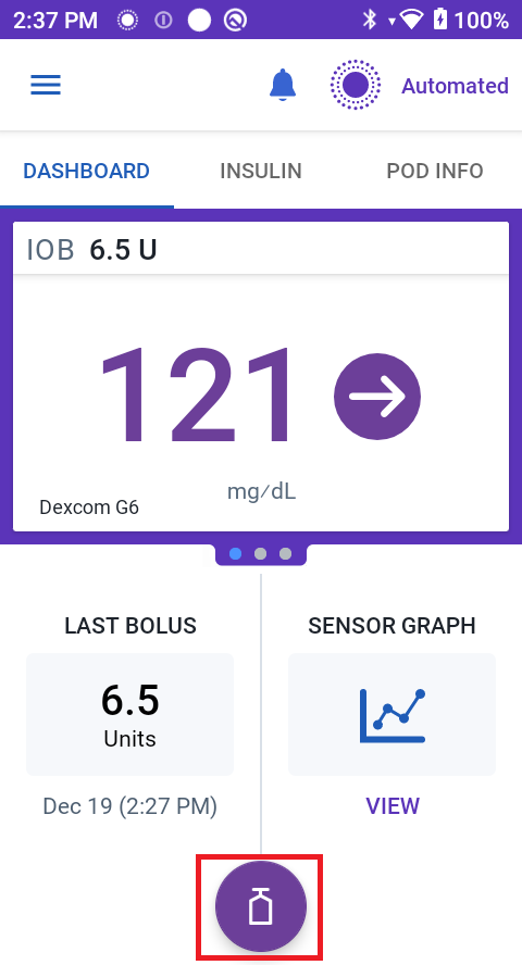 Custom foods screen for tapping the bolus button