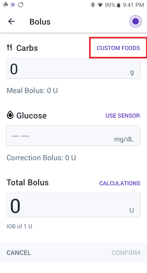 Custom foods screen: tap Custom Foods text button