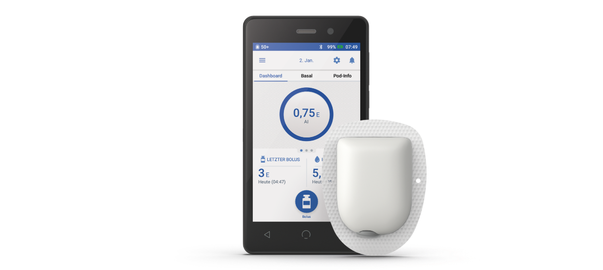 Omnipod DASH with Pod in MMOL with German text