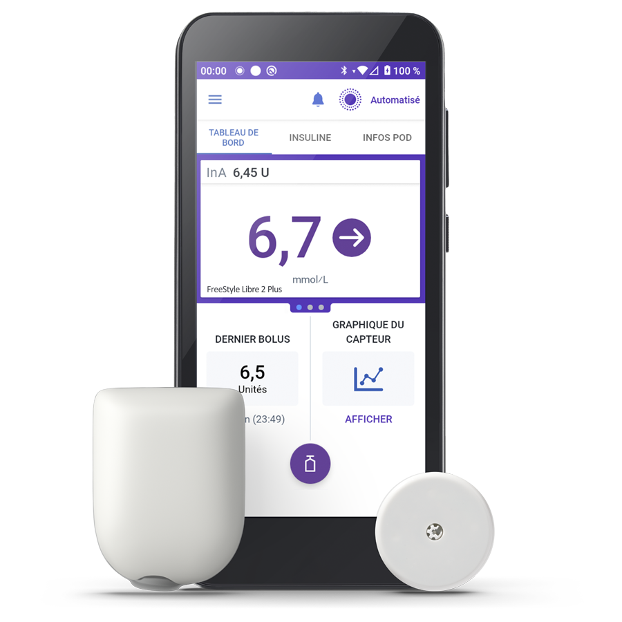 Omnipod 5 with Pod on the left and FreeStyle Libre 2 Plus sensor on the right with no adhesive in MMOL and text in French