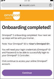 Omnipod 5 "Onboarding Completed!" screenshot