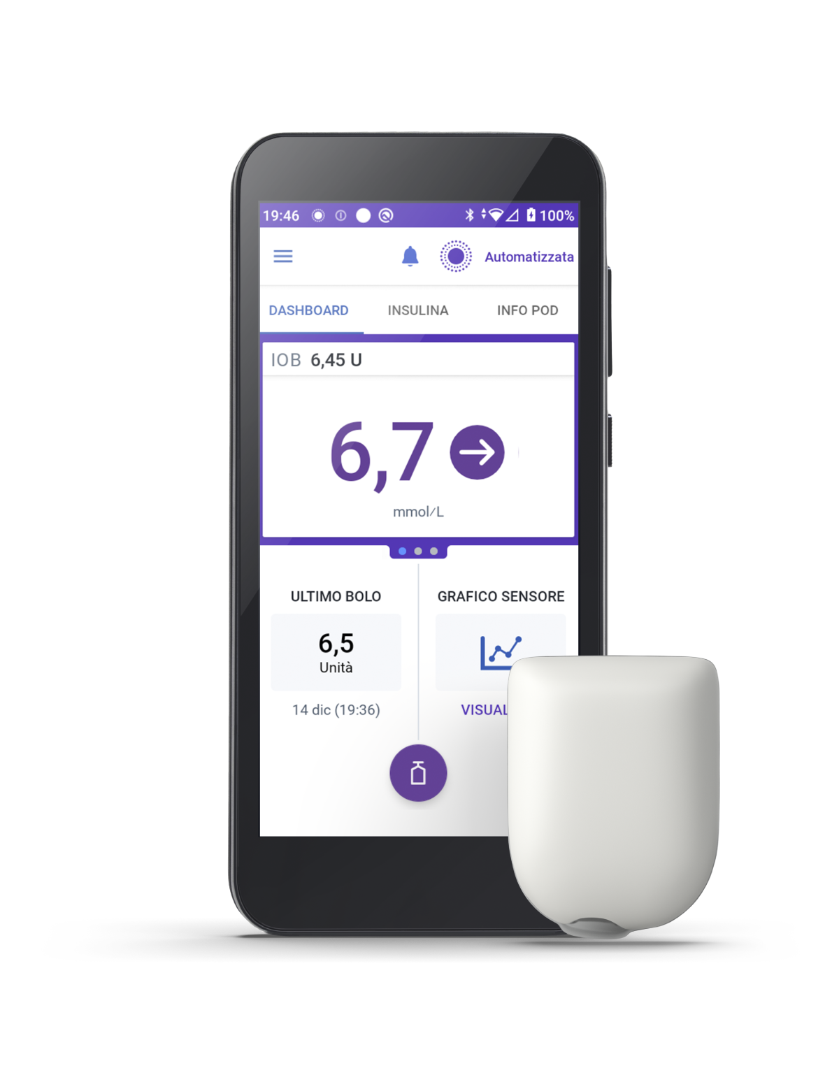 Omnipod 5 device with pod Screen in Italian