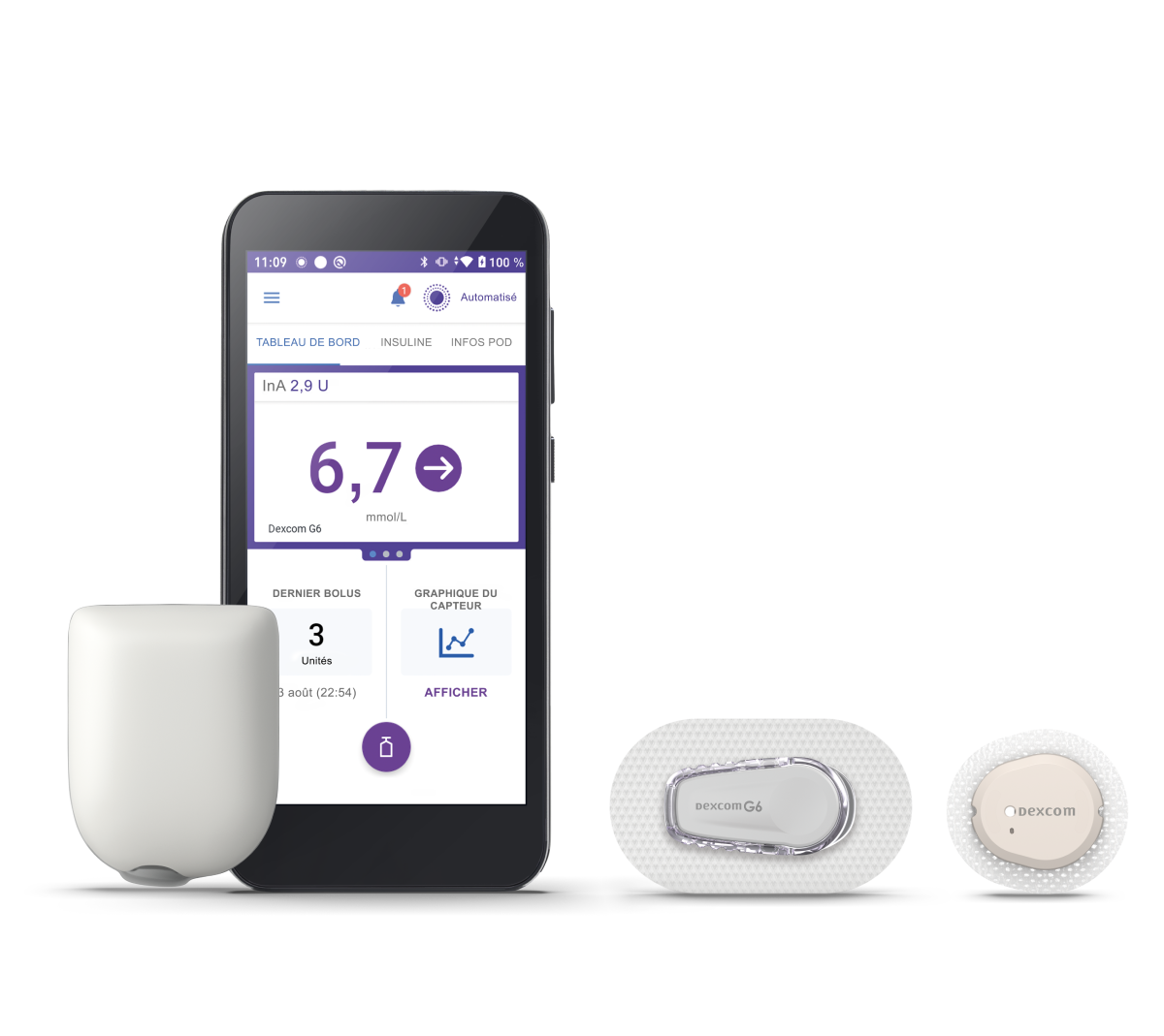 Omnipod 5 with pod and 3 sensors screen in french