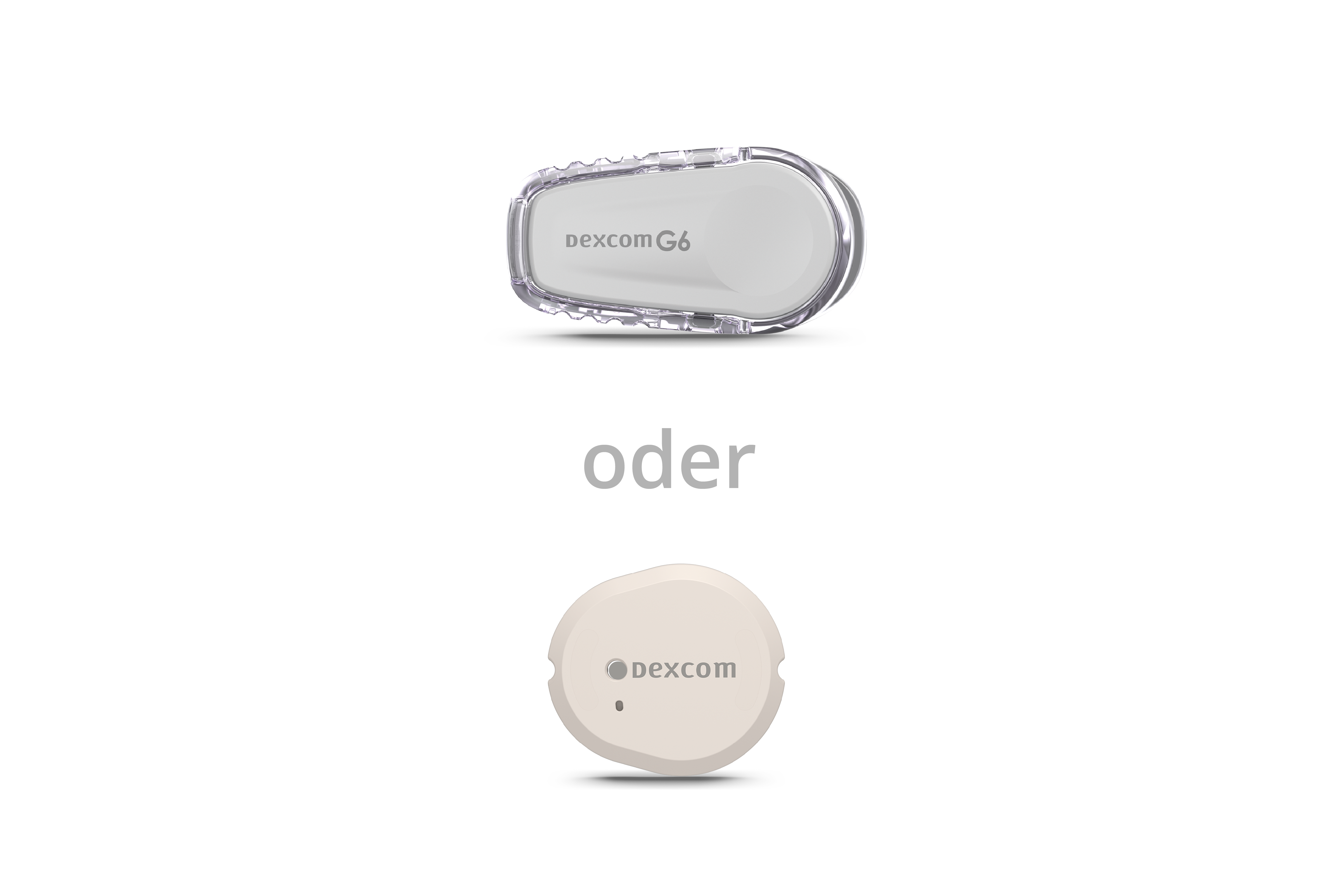 Dexcom G6 and G7 sensors stacked vertically with the word "oder" in between for German language