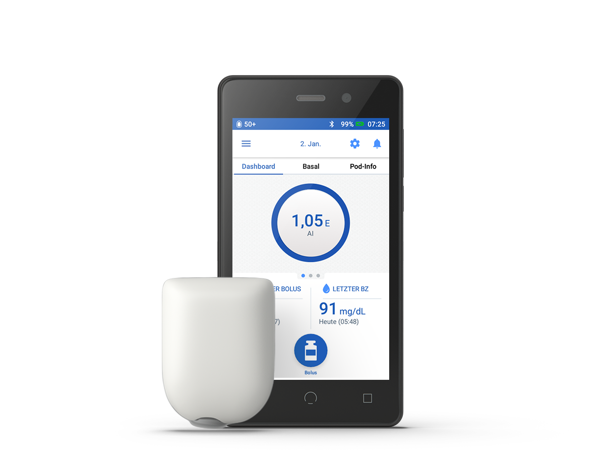 Omnipod DASH with Pod (with no adhesive) in mg/DL and in German