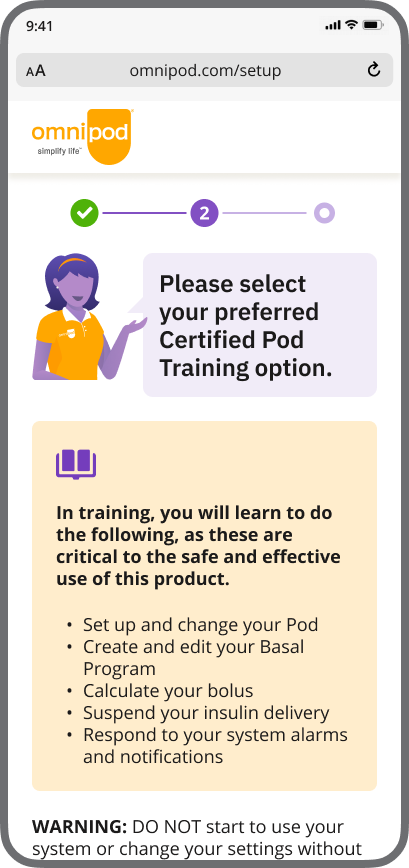 Omnipod 5 Setup screen for selecting your preferred training method