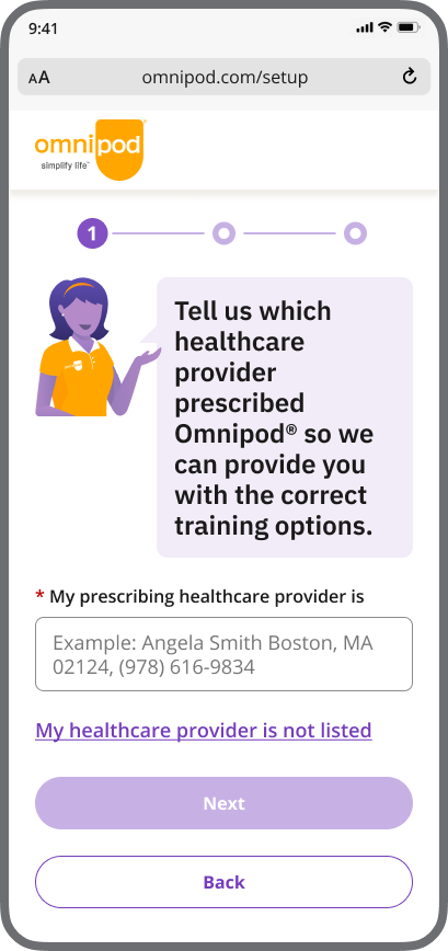 Omnipod 5 Setup screen where you search for your prescribing healthcare provider