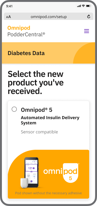 Omnipod 5 Setup screen with the text, "Select the new product you've received."