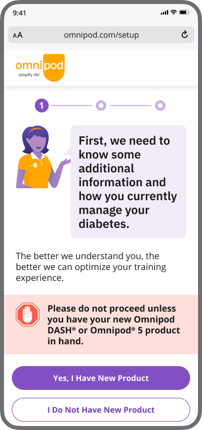 Omnipod 5 Setup screen with a purple button that says "Yes, I have a new product"
