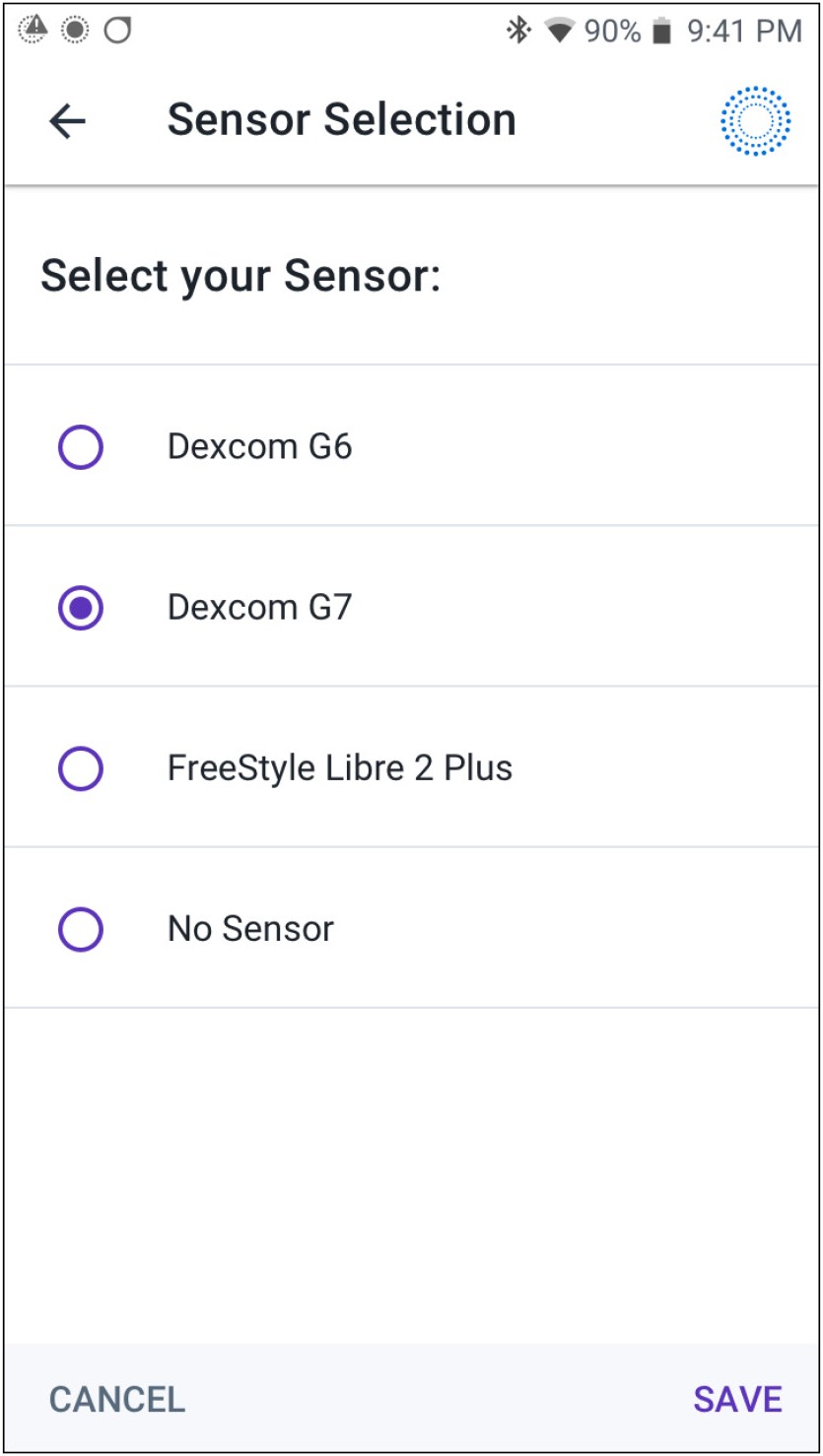 Omnipod 5 with Android and Dexcom G7, showing "Sensor Selection" screen