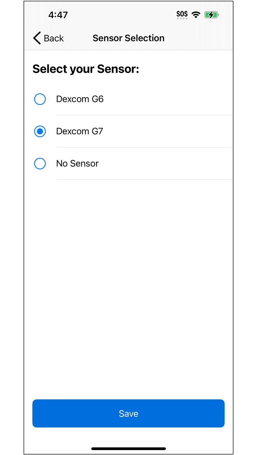 Omnipod 5 with iPhone using Dexcom G7, showing the "Sensor Selection" screen