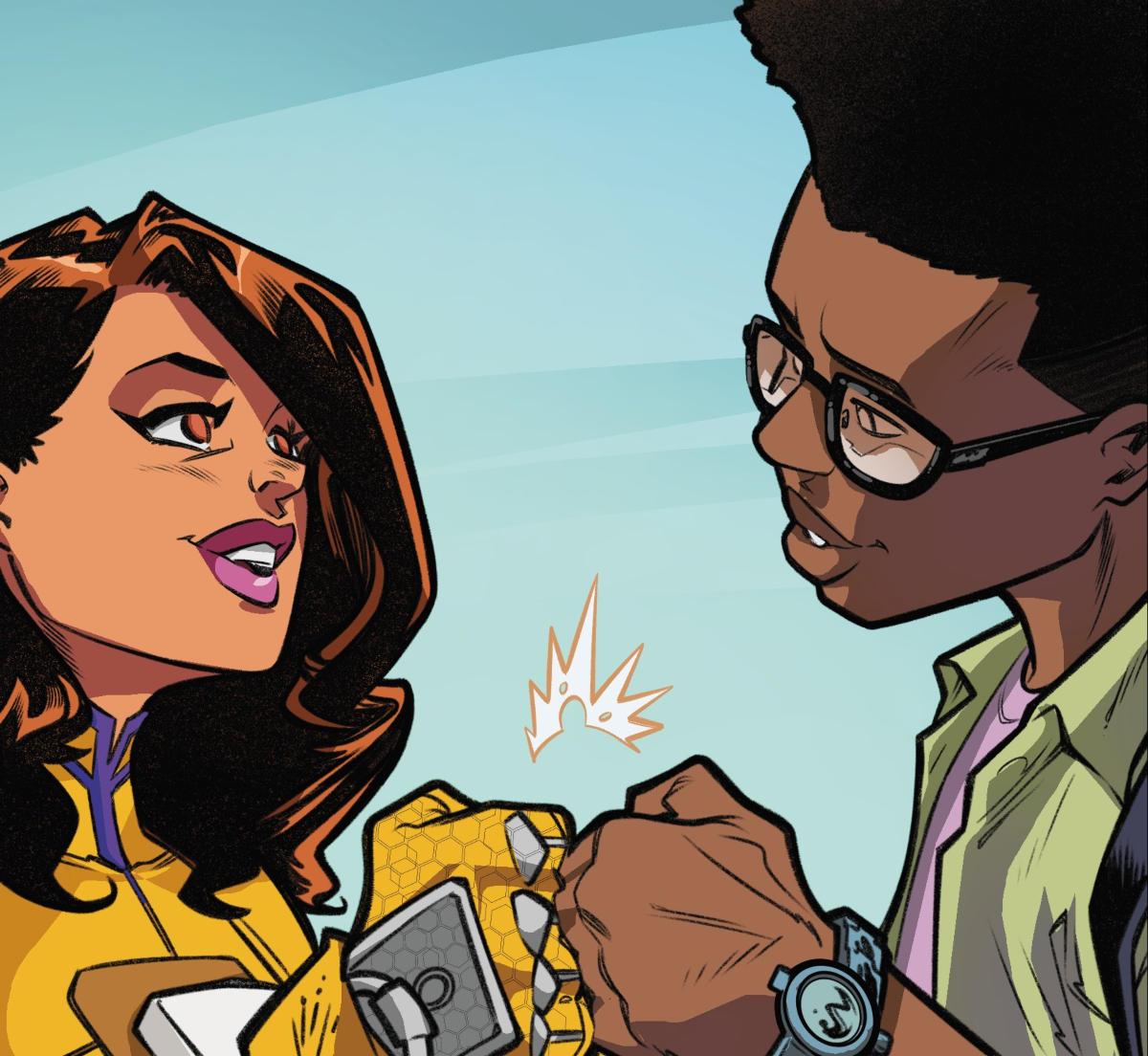 Marvel superhero, "Dyasonic," fist bumping another person