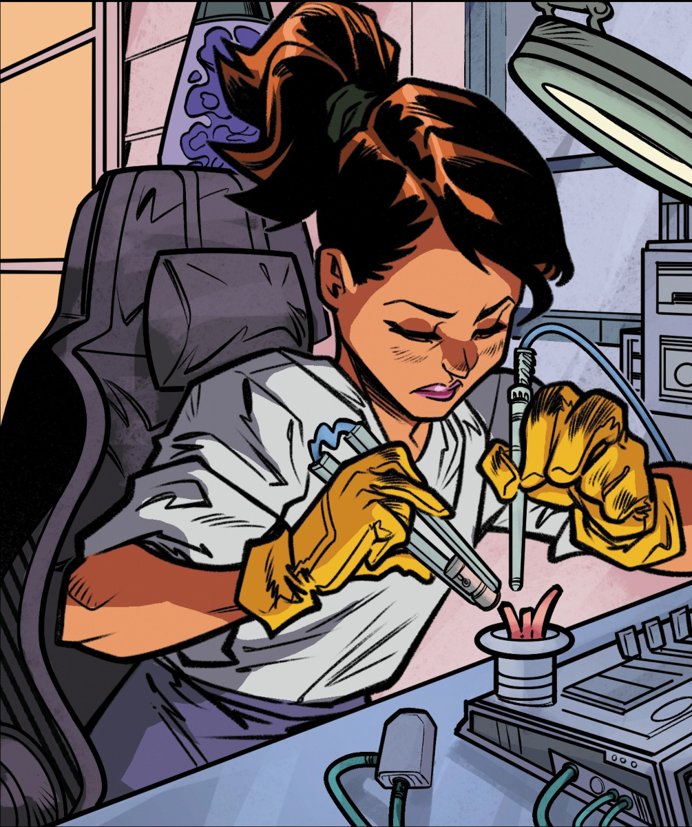 Marvel superhero, "Dyasonic," sitting at desk soldering