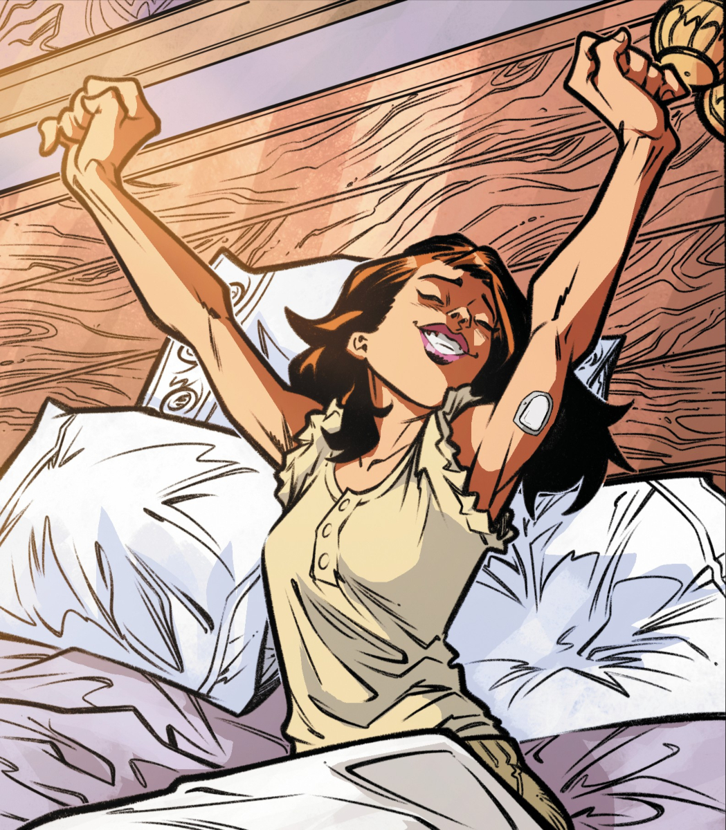 Marvel superhero, "Dyasonic," waking up in bed and stretching