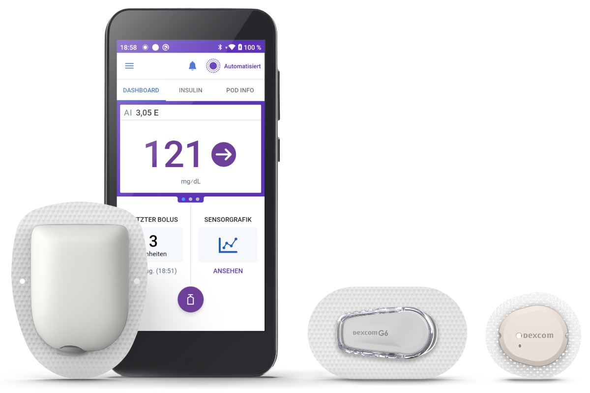 Omnipod 5 with Pod and Dexcom G6, G7 with adhesive in mg/dL in German
