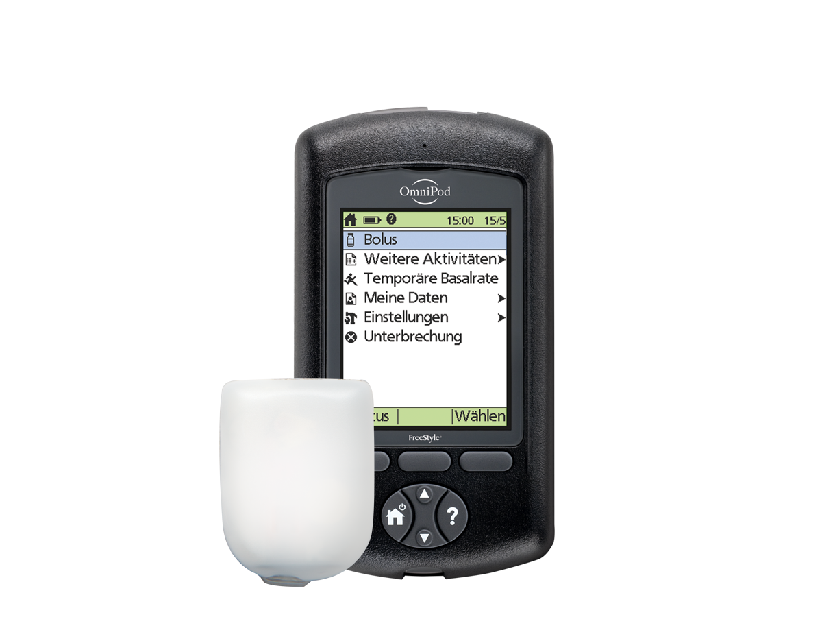 Omnipod System (EROS) with Pod on left with German text