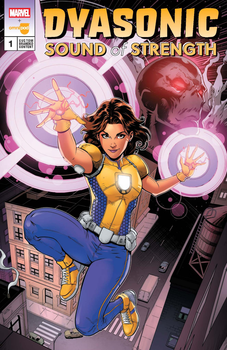 Comic book cover image of Marvel and Omnipod's superhero, "Dyasonic".