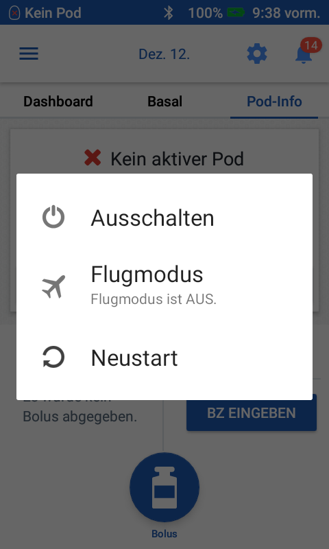 Omnipod 5 App "Airplane Mode" screenshot in German