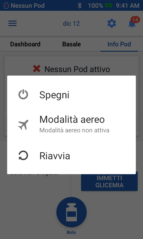 Omnipod 5 app "Airplane Mode" screenshot in Italian