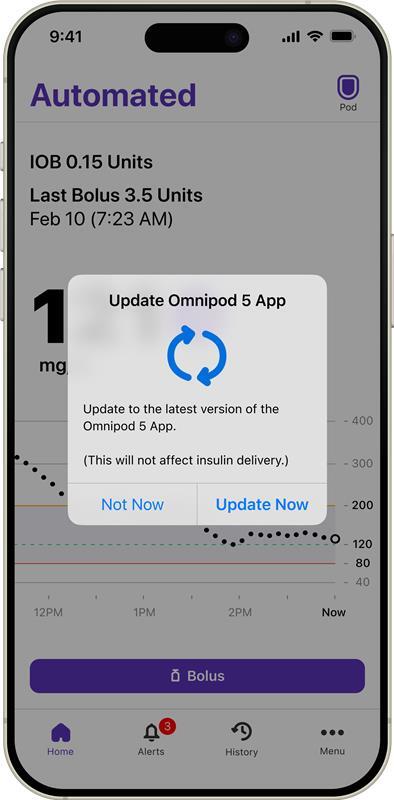 Omnipod 5 iPhone App with "Update Now" button selected