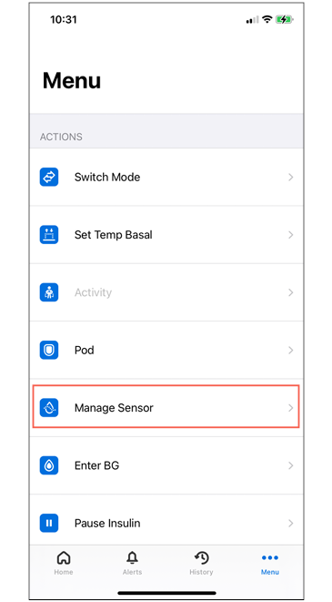 Omnipod 5 with iPhone and Dexcom G7, Manage Sensor option