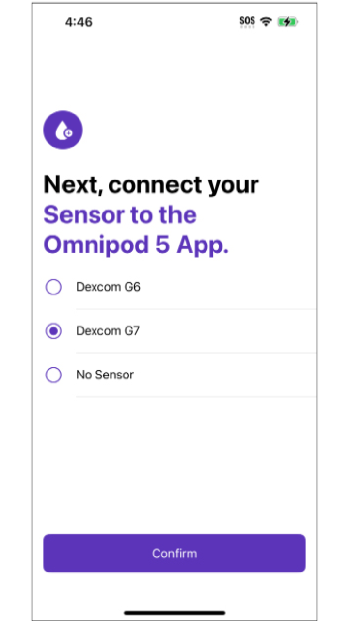 Omnipod 5 with iPhone, selecting Dexcom G7 as Sensor screen