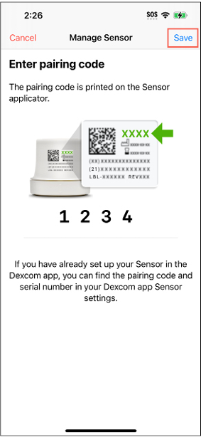 Omnipod 5 with iPhone and Dexcom G7, showing the 4-digit pairing code example screen